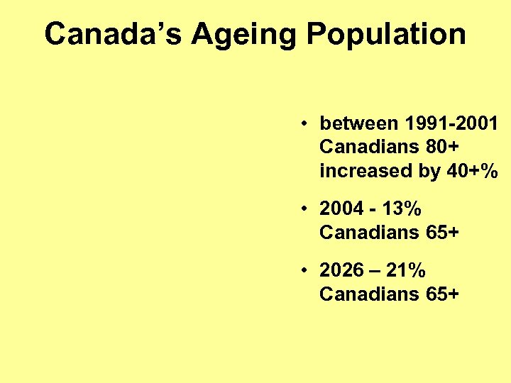 Canada’s Ageing Population • between 1991 -2001 Canadians 80+ increased by 40+% • 2004