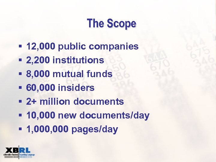 The Scope § § § § 12, 000 public companies 2, 200 institutions 8,