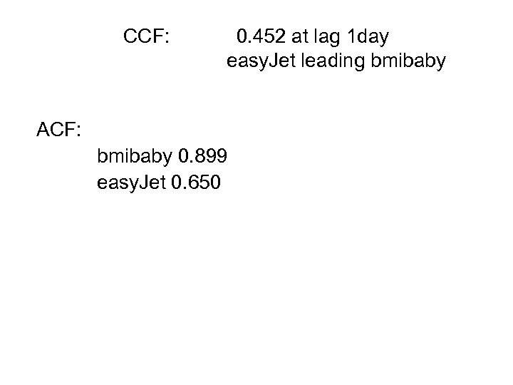 CCF: 0. 452 at lag 1 day easy. Jet leading bmibaby ACF: bmibaby 0.