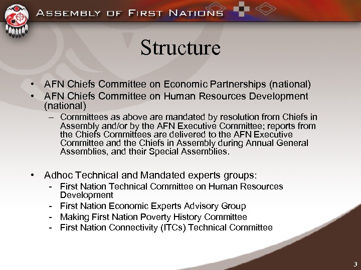 Structure • AFN Chiefs Committee on Economic Partnerships (national) • AFN Chiefs Committee on