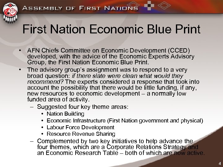 First Nation Economic Blue Print • AFN Chiefs Committee on Economic Development (CCED) developed,