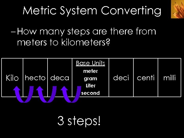 Metric System Converting – How many steps are there from meters to kilometers? Base