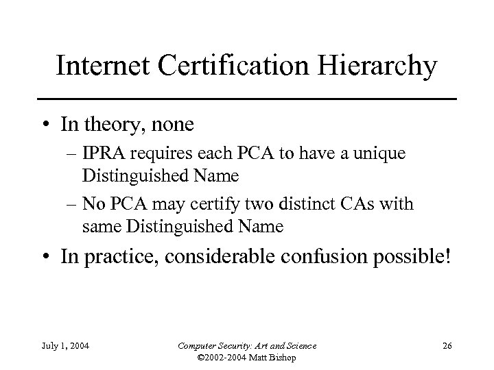 Internet Certification Hierarchy • In theory, none – IPRA requires each PCA to have