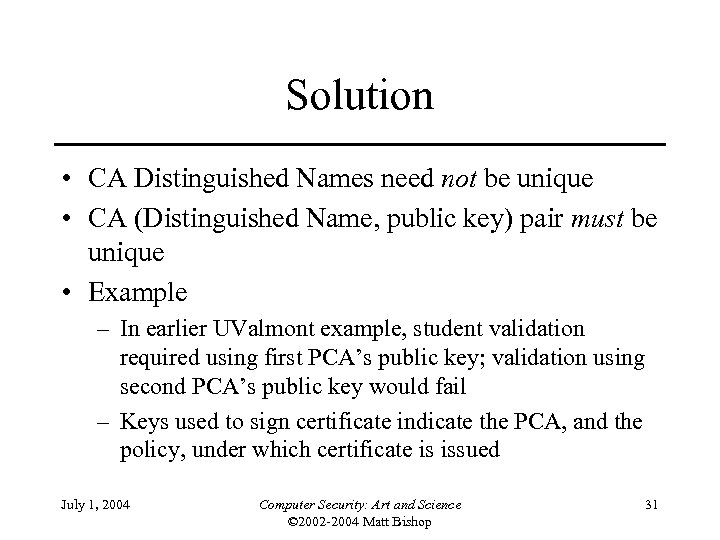 Solution • CA Distinguished Names need not be unique • CA (Distinguished Name, public