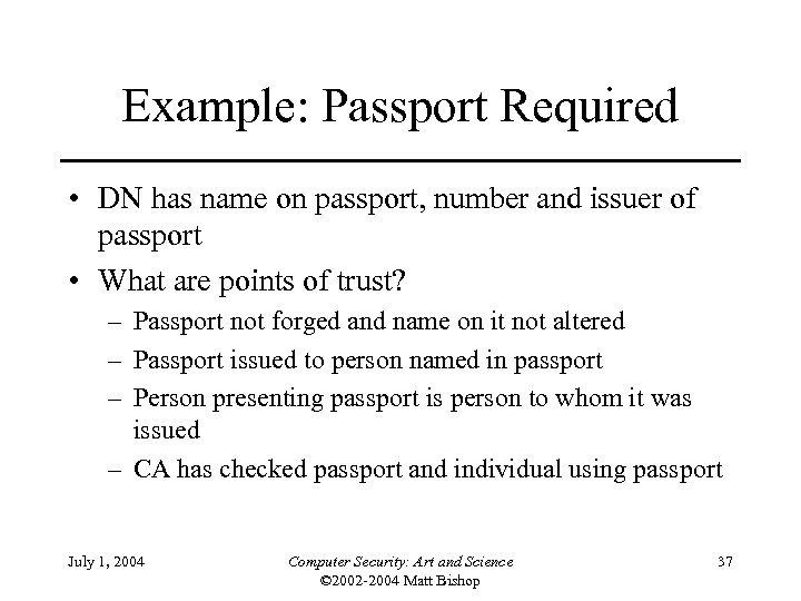Example: Passport Required • DN has name on passport, number and issuer of passport