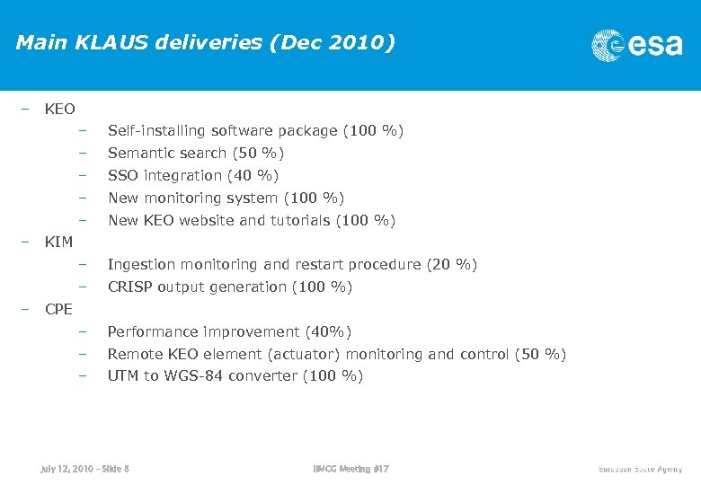 Main KLAUS deliveries (Dec 2010) – KEO – – SSO integration (40 %) –