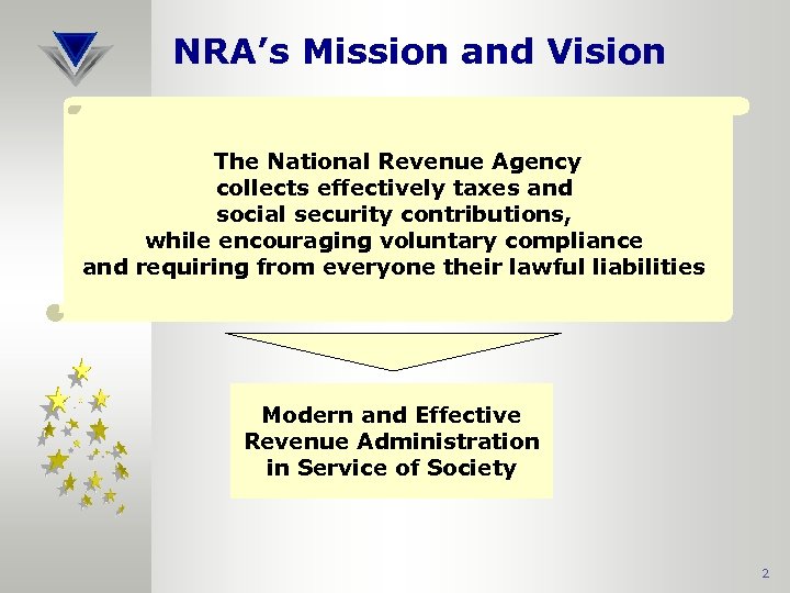 NRA’s Mission and Vision The National Revenue Agency collects effectively taxes and social security