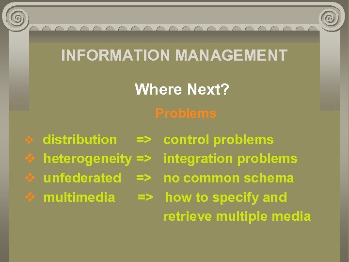 INFORMATION MANAGEMENT Where Next? Problems v distribution => v heterogeneity => v unfederated =>