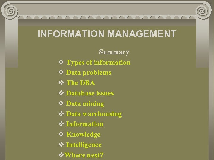 INFORMATION MANAGEMENT Summary v Types of information v Data problems v The DBA v