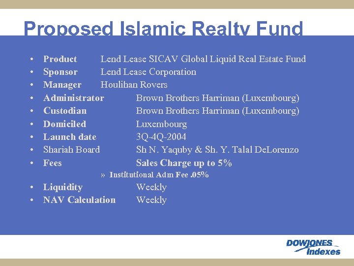 Proposed Islamic Realty Fund • • • Product Lend Lease SICAV Global Liquid Real