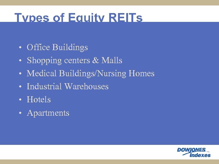 Types of Equity REITs • • • Office Buildings Shopping centers & Malls Medical