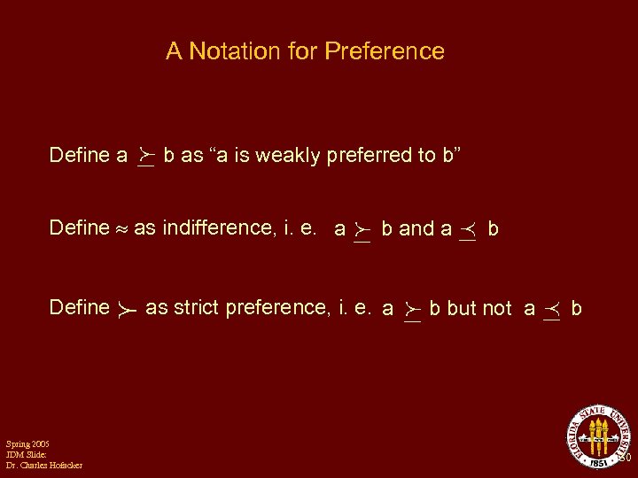 A Notation for Preference Define a b as “a is weakly preferred to b”