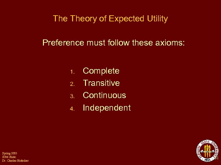 The Theory of Expected Utility Preference must follow these axioms: 1. 2. 3. 4.