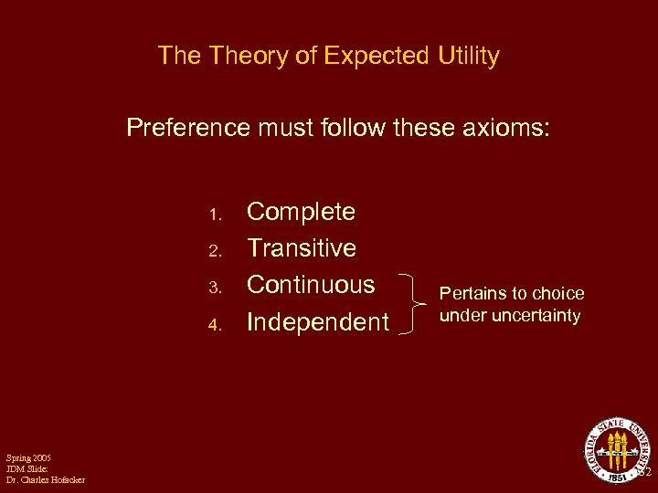 The Theory of Expected Utility Preference must follow these axioms: 1. 2. 3. 4.
