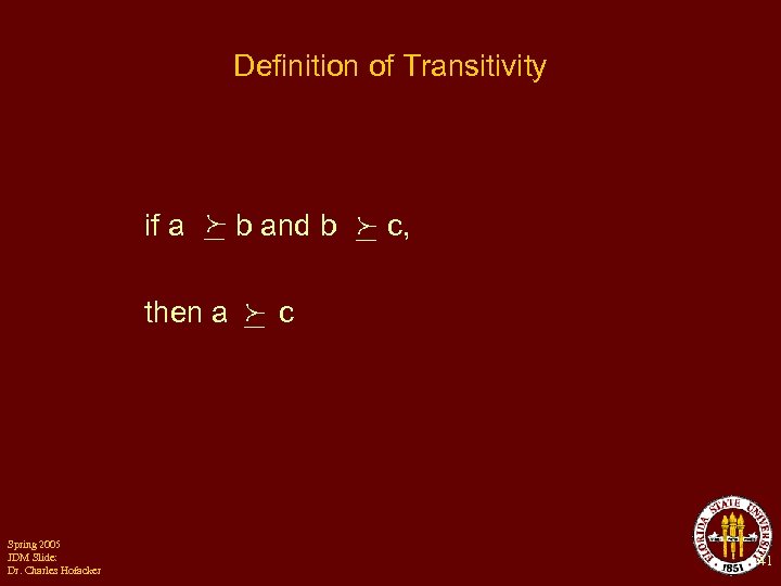 Definition of Transitivity if a then a Spring 2005 JDM Slide: Dr. Charles Hofacker