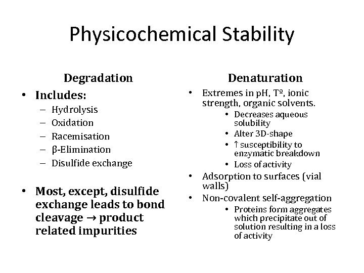 Physicochemical Stability Degradation • Includes: – – – Hydrolysis Oxidation Racemisation β-Elimination Disulfide exchange