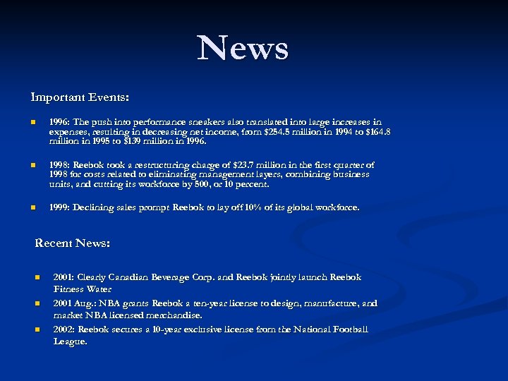 News Important Events: n 1996: The push into performance sneakers also translated into large