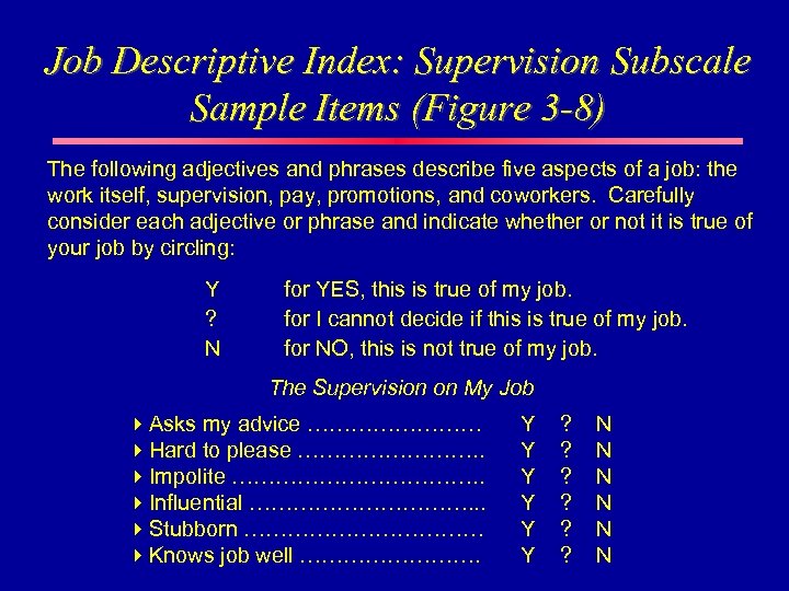 Job Descriptive Index: Supervision Subscale Sample Items (Figure 3 -8) The following adjectives and