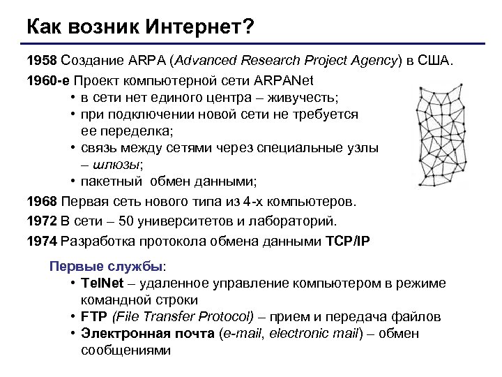 Как возник Интернет? 1958 Создание ARPA (Advanced Research Project Agency) в США. 1960 -е
