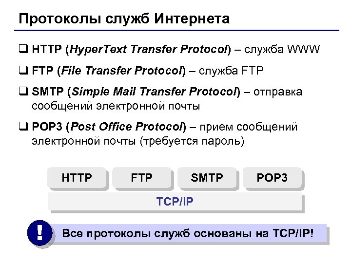 Протоколы служб Интернета q HTTP (Hyper. Text Transfer Protocol) – служба WWW q FTP