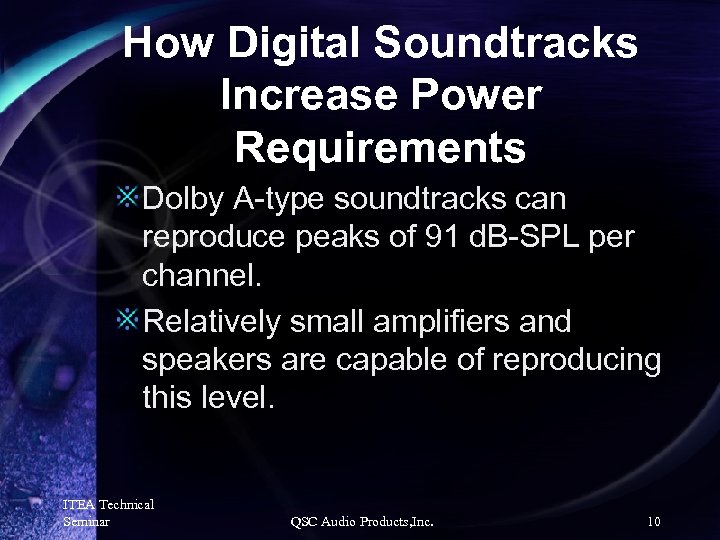 How Digital Soundtracks Increase Power Requirements Dolby A-type soundtracks can reproduce peaks of 91