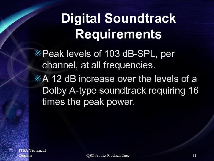 Digital Soundtrack Requirements Peak levels of 103 d. B-SPL, per channel, at all frequencies.