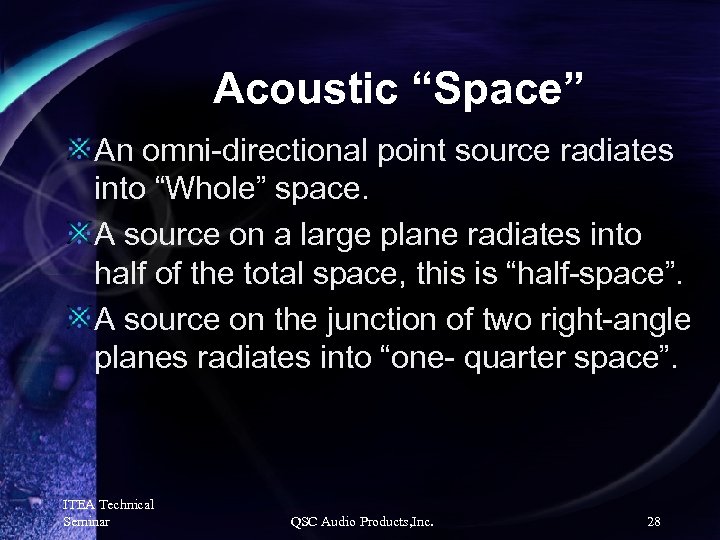 Acoustic “Space” An omni-directional point source radiates into “Whole” space. A source on a