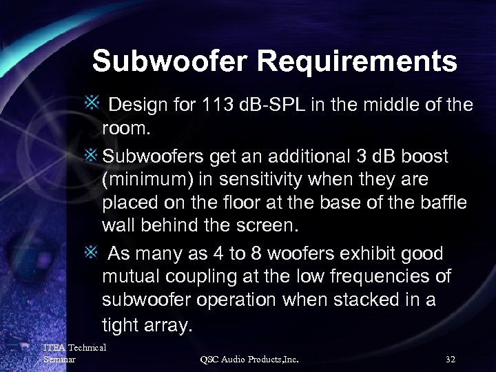 Subwoofer Requirements Design for 113 d. B-SPL in the middle of the room. Subwoofers