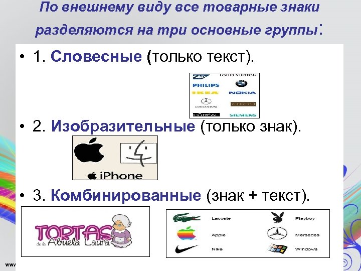 По внешнему виду все товарные знаки разделяются на три основные группы: • 1. Словесные