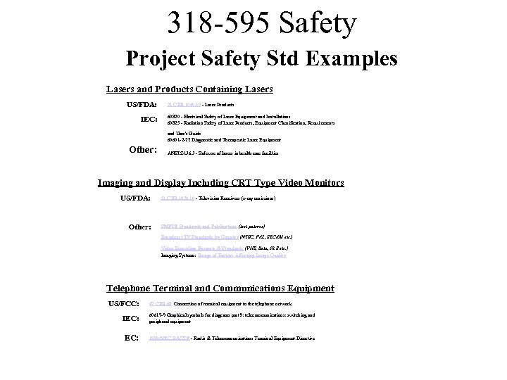 318 -595 Safety Project Safety Std Examples Lasers and Products Containing Lasers US/FDA: IEC: