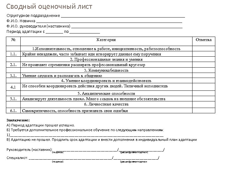 План работы на период испытания