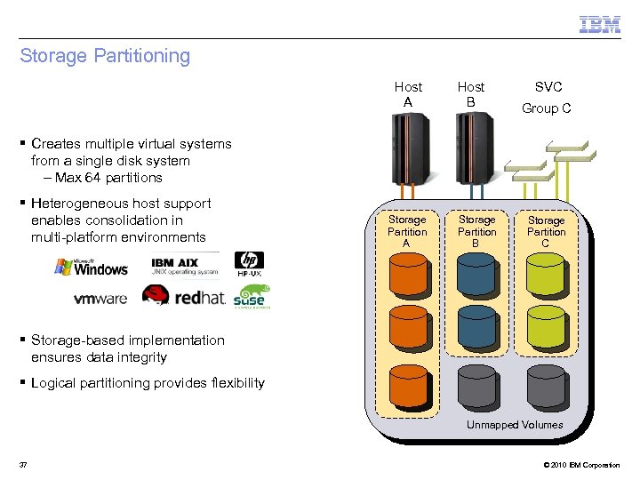 Storage Partitioning Host A Host B SVC Group C § Creates multiple virtual systems