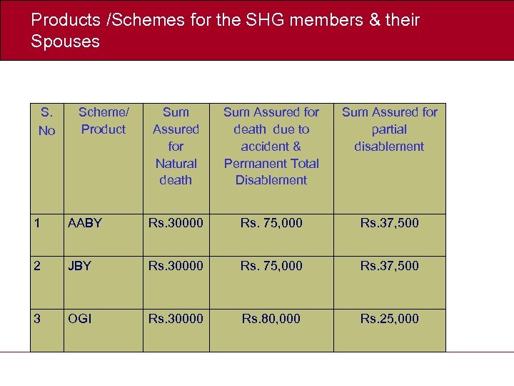 Products /Schemes for the SHG members & their Spouses S. No Scheme/ Product Sum
