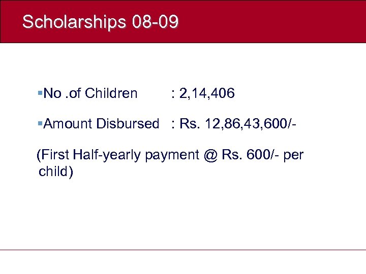 Scholarships 08 -09 §No. of Children : 2, 14, 406 §Amount Disbursed : Rs.