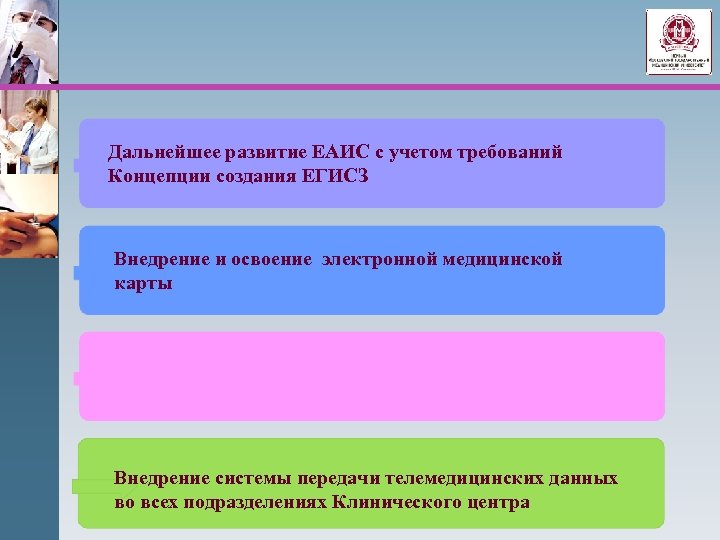 Дальнейшее развитие ЕАИС с учетом требований Концепции создания ЕГИСЗ Внедрение и освоение электронной медицинской