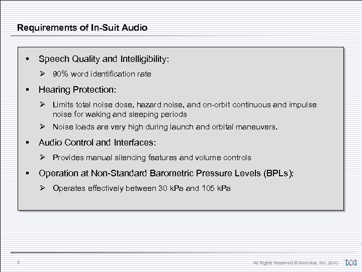 Requirements of In-Suit Audio § Speech Quality and Intelligibility: Ø 90% word identification rate