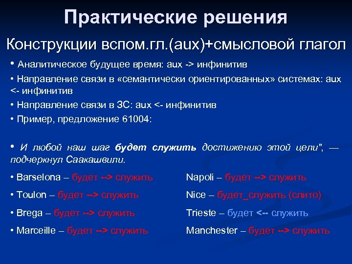 Практические решения Конструкции вспом. гл. (aux)+смысловой глагол • Аналитическое будущее время: aux -> инфинитив