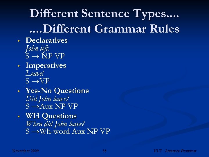 Different Sentence Types. . . . Different Grammar Rules • • Declaratives John left.