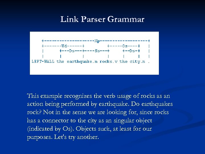 Link Parser Grammar This example recognizes the verb usage of rocks as an action