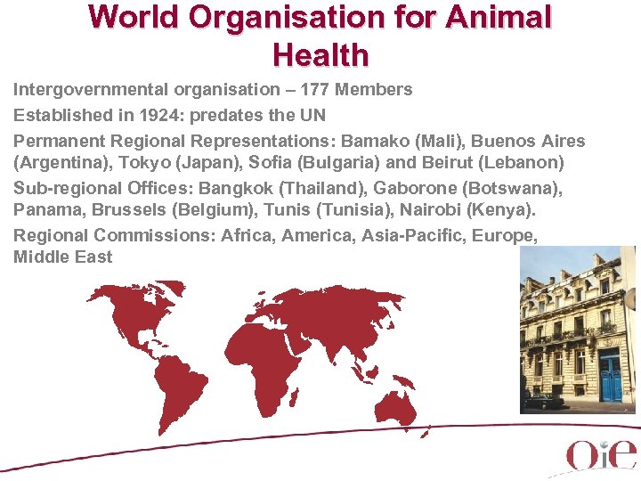 World Organisation for Animal Health Intergovernmental organisation – 177 Members Established in 1924: predates