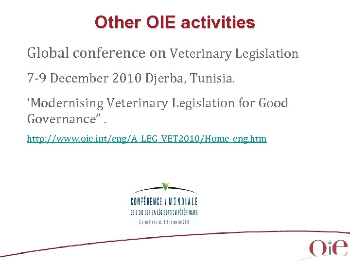 Other OIE activities Global conference on Veterinary Legislation 7 -9 December 2010 Djerba, Tunisia.