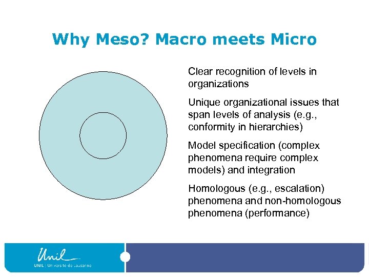 Why Meso? Macro meets Micro Clear recognition of levels in organizations Unique organizational issues