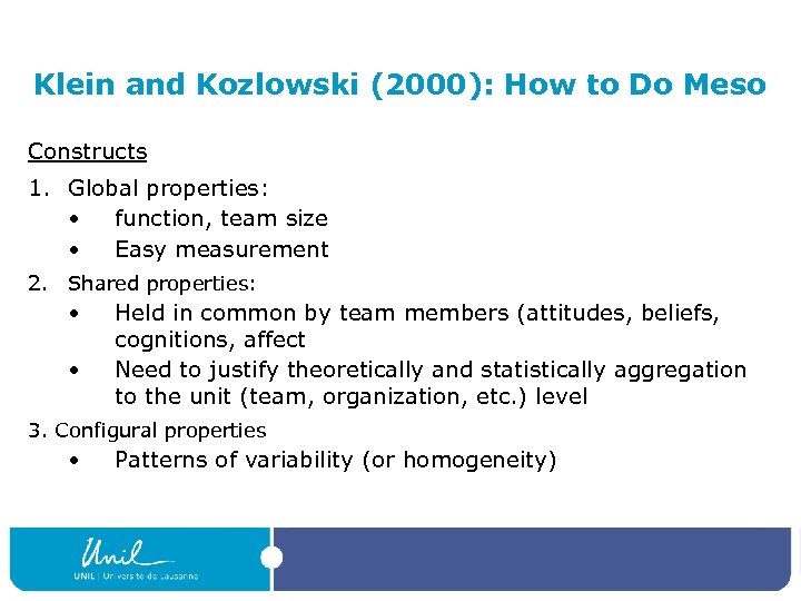 Klein and Kozlowski (2000): How to Do Meso Constructs 1. Global properties: • function,