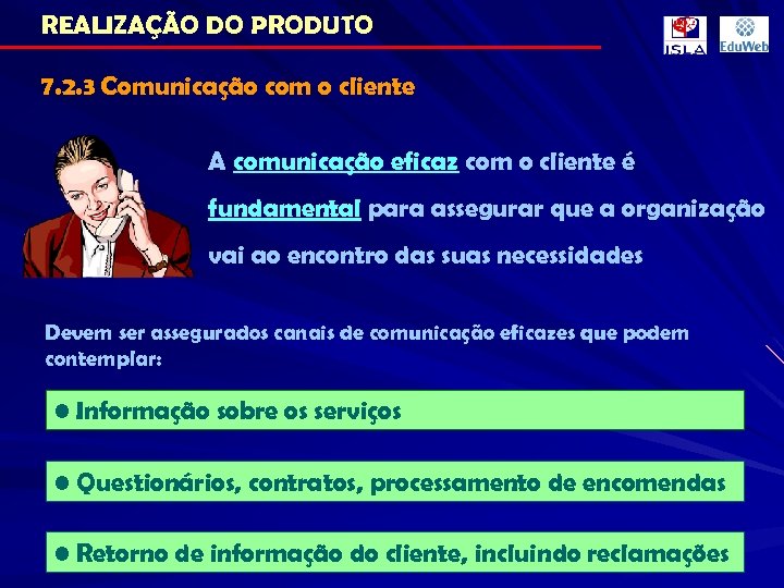REALIZAÇÃO DO PRODUTO 7. 2. 3 Comunicação com o cliente A comunicação eficaz com