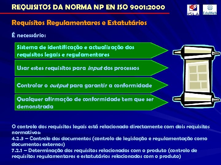 REQUISITOS DA NORMA NP EN ISO 9001: 2000 Requisitos Regulamentares e Estatutários É necessário: