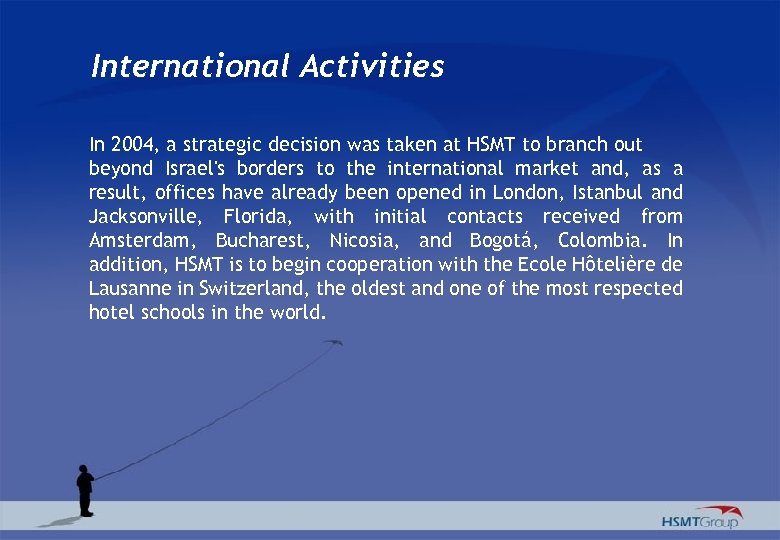 International Activities In 2004, a strategic decision was taken at HSMT to branch out