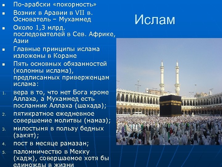 n n n 1. 2. 3. 4. 5. По-арабски «покорность» Возник в Аравии в