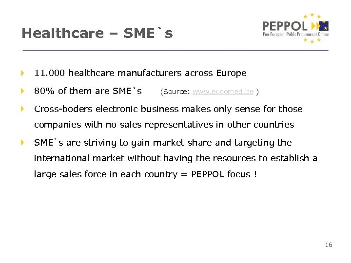Healthcare – SME`s 11. 000 healthcare manufacturers across Europe 80% of them are SME`s