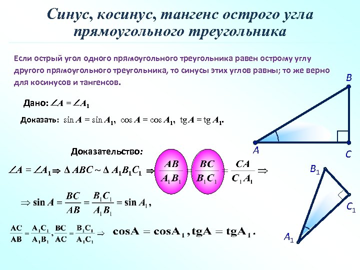 Синус, косинус, тангенс острого угла прямоугольного треугольника Если острый угол одного прямоугольного треугольника равен