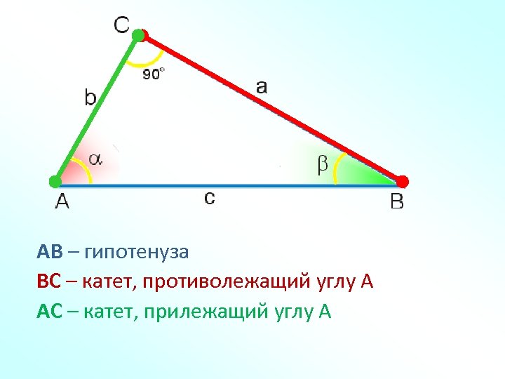 АВ – гипотенуза ВС – катет, противолежащий углу А АС – катет, прилежащий углу